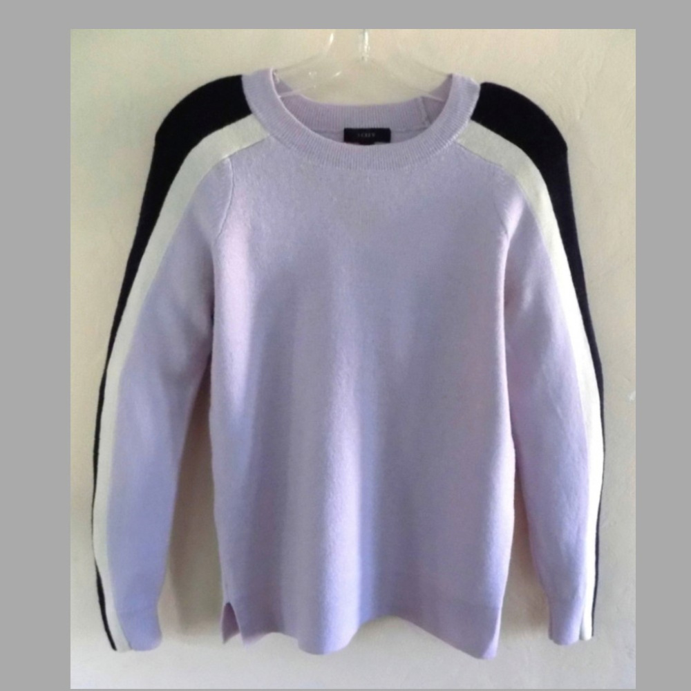 J Crew sweater S Merino wool Pale purple Racing stripes Crewneck Pullover Small
